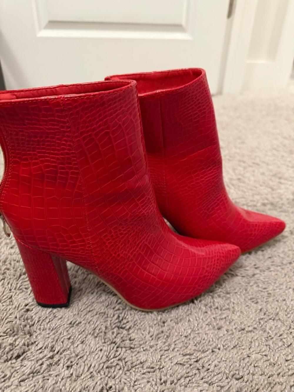 Red Croc-Embossed Pointed Toe Ankle Boots - Women